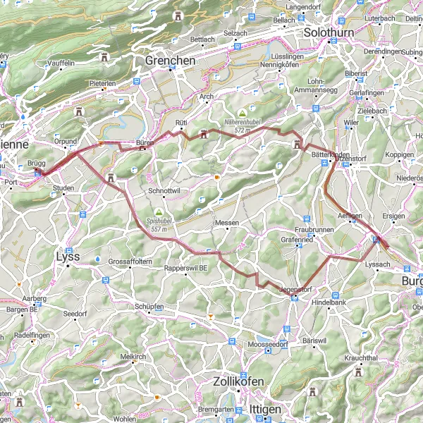 Miniatua del mapa de inspiración ciclista "Ruta por Jegenstorf y Aegerten" en Espace Mittelland, Switzerland. Generado por Tarmacs.app planificador de rutas ciclistas