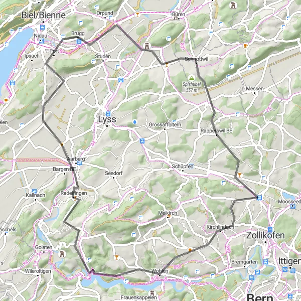 Karttaminiaatyyri "Reitti Brüggin läheisyydessä, Espace Mittelland" pyöräilyinspiraatiosta alueella Espace Mittelland, Switzerland. Luotu Tarmacs.app pyöräilyreittisuunnittelijalla