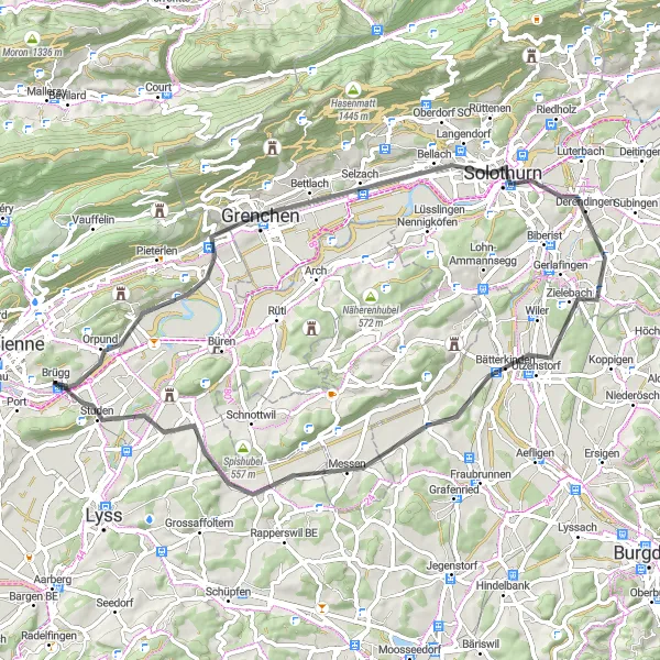 Miniaturekort af cykelinspirationen "Solothurn to Bätterkinden Cycle Path" i Espace Mittelland, Switzerland. Genereret af Tarmacs.app cykelruteplanlægger