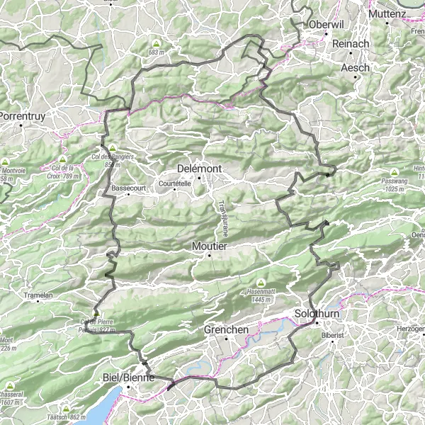 Kartminiatyr av "Brügg - Solothurn - Brügg" sykkelinspirasjon i Espace Mittelland, Switzerland. Generert av Tarmacs.app sykkelrutoplanlegger