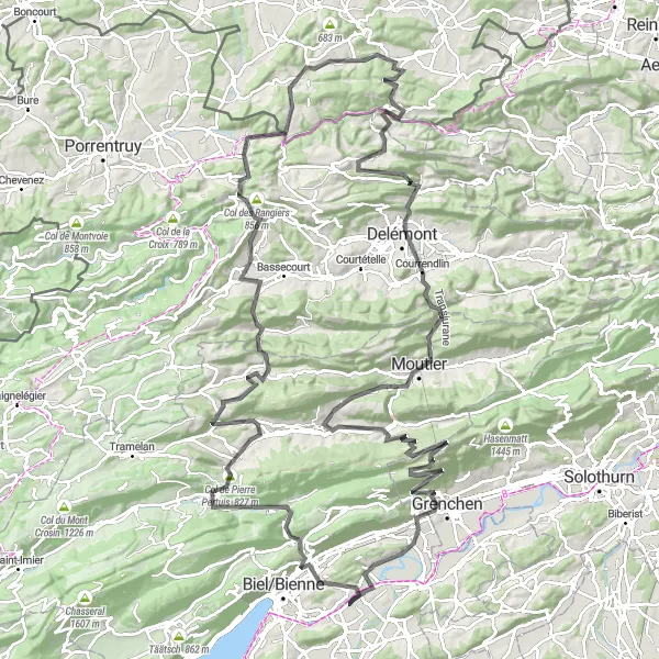 Kartminiatyr av "Sveitsiske Juraen Loop fra Brügg" sykkelinspirasjon i Espace Mittelland, Switzerland. Generert av Tarmacs.app sykkelrutoplanlegger