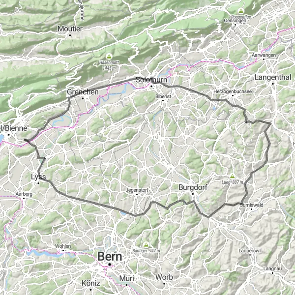 Kartminiatyr av "Lengnau til Lysser Aussichtsturm Sykkeltur" sykkelinspirasjon i Espace Mittelland, Switzerland. Generert av Tarmacs.app sykkelrutoplanlegger