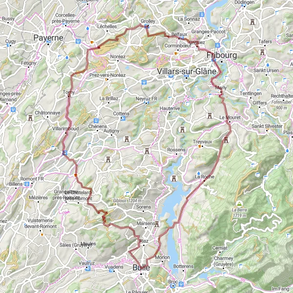Miniatua del mapa de inspiración ciclista "Ruta de Grava de Bulle a Lac de la Gruyère" en Espace Mittelland, Switzerland. Generado por Tarmacs.app planificador de rutas ciclistas