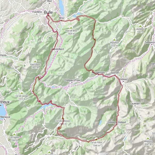 Mapa miniatúra "Gravel Route: Bulle - Les Mosses" cyklistická inšpirácia v Espace Mittelland, Switzerland. Vygenerované cyklistickým plánovačom trás Tarmacs.app