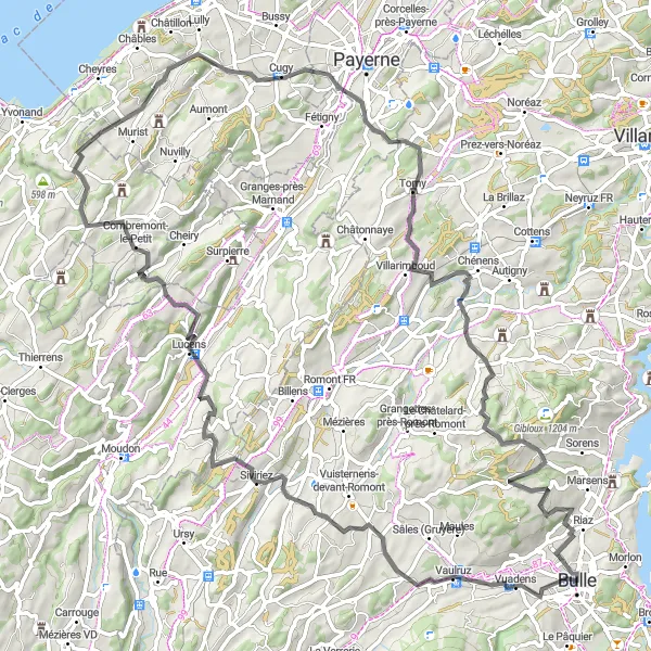 Miniatura della mappa di ispirazione al ciclismo "Avventura ciclistica tra Torny e Riaz" nella regione di Espace Mittelland, Switzerland. Generata da Tarmacs.app, pianificatore di rotte ciclistiche