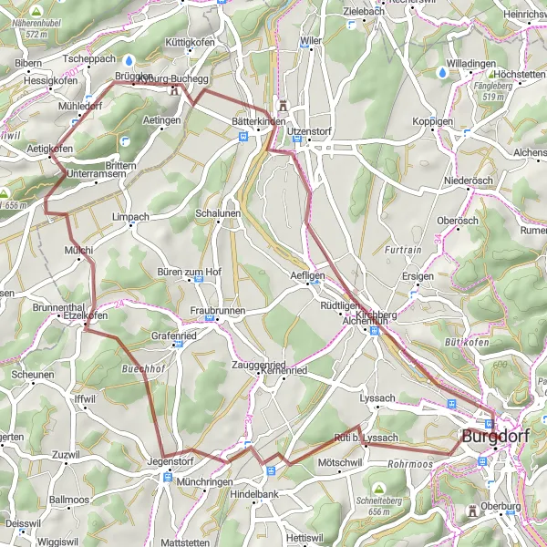 Miniatura della mappa di ispirazione al ciclismo "Ciclabile tra Burgdorf e Hüntu" nella regione di Espace Mittelland, Switzerland. Generata da Tarmacs.app, pianificatore di rotte ciclistiche