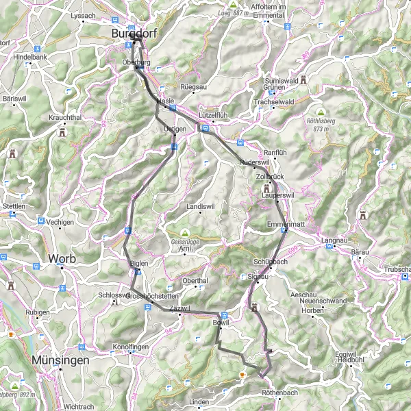 Miniatura della mappa di ispirazione al ciclismo "Giro in bicicletta da Burgdorf a Oberburg e ritorno" nella regione di Espace Mittelland, Switzerland. Generata da Tarmacs.app, pianificatore di rotte ciclistiche