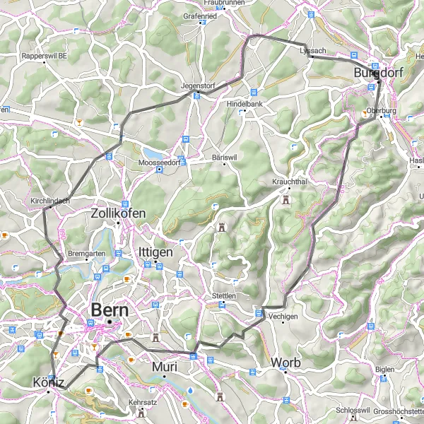 Miniatura della mappa di ispirazione al ciclismo "Giro in bici stradale da Burgdorf a Lyssach e ritorno" nella regione di Espace Mittelland, Switzerland. Generata da Tarmacs.app, pianificatore di rotte ciclistiche