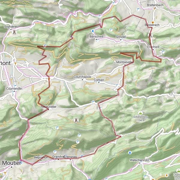 Miniaturní mapa "Zajímavá gravel trasa poblíž Büsserach" inspirace pro cyklisty v oblasti Espace Mittelland, Switzerland. Vytvořeno pomocí plánovače tras Tarmacs.app