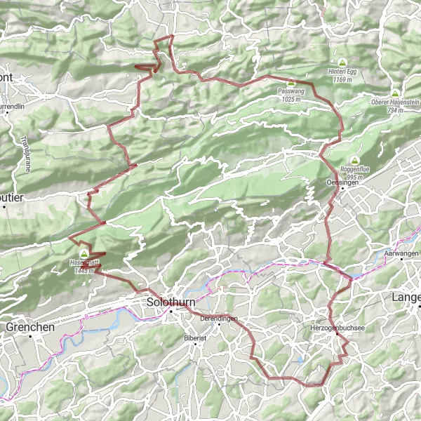 Miniatua del mapa de inspiración ciclista "Gran Ruta de Grava a Hasenmatt y Vermes" en Espace Mittelland, Switzerland. Generado por Tarmacs.app planificador de rutas ciclistas