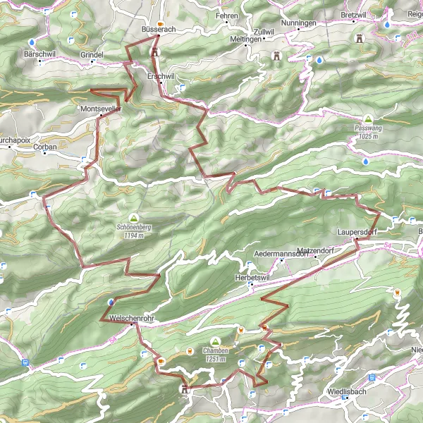 Miniaturní mapa "Náročná gravel trasa okolo Büsserach" inspirace pro cyklisty v oblasti Espace Mittelland, Switzerland. Vytvořeno pomocí plánovače tras Tarmacs.app