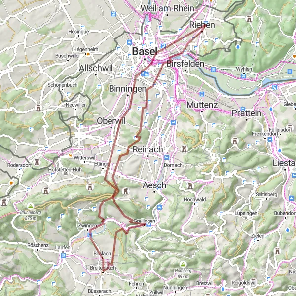 Kartminiatyr av "Basel og Beyond Gravel Tour" sykkelinspirasjon i Espace Mittelland, Switzerland. Generert av Tarmacs.app sykkelrutoplanlegger