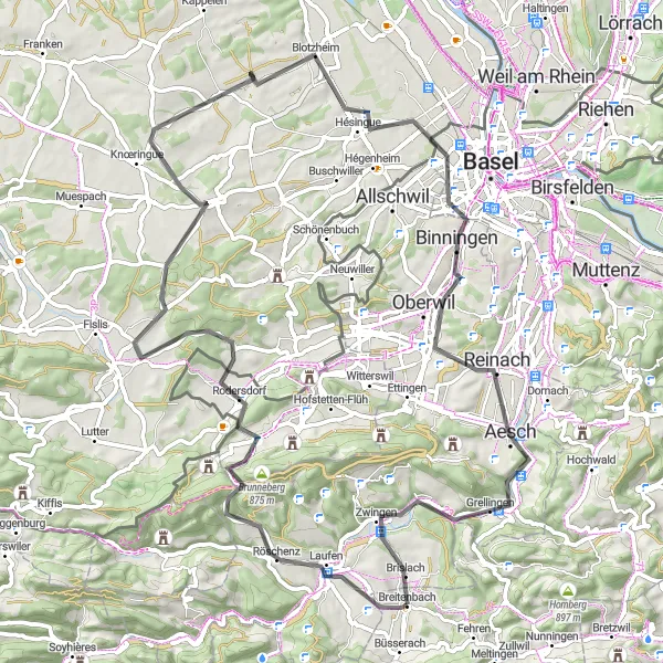 Miniaturekort af cykelinspirationen "Scenic landevejscykeltur til Reinach og Brislach" i Espace Mittelland, Switzerland. Genereret af Tarmacs.app cykelruteplanlægger