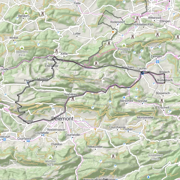 Mapa miniatúra "Trasa přes Delémont a Brislach" cyklistická inšpirácia v Espace Mittelland, Switzerland. Vygenerované cyklistickým plánovačom trás Tarmacs.app