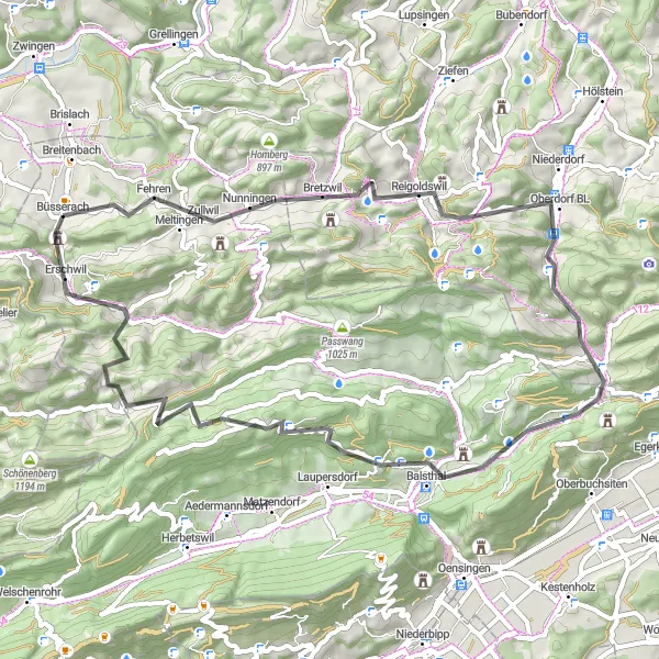 Miniatura della mappa di ispirazione al ciclismo "Ciclismo tra Reigoldswil e Erschwil" nella regione di Espace Mittelland, Switzerland. Generata da Tarmacs.app, pianificatore di rotte ciclistiche