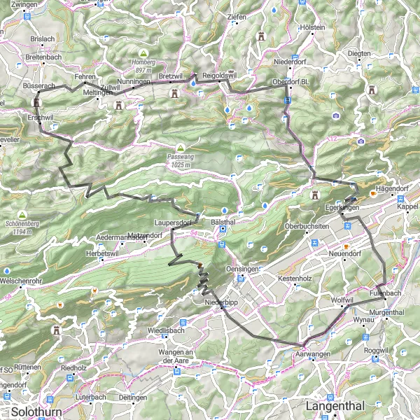 Karttaminiaatyyri "Haastava retki Reigoldswilistä Erschwiliin" pyöräilyinspiraatiosta alueella Espace Mittelland, Switzerland. Luotu Tarmacs.app pyöräilyreittisuunnittelijalla