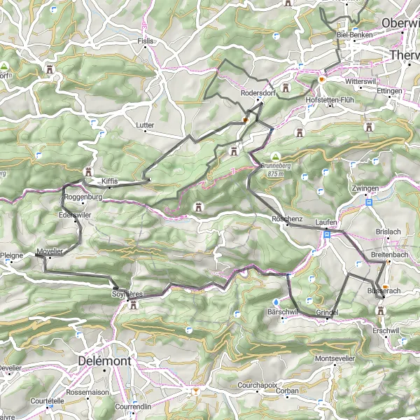 Kartminiatyr av "Berglandsbyer Loop" sykkelinspirasjon i Espace Mittelland, Switzerland. Generert av Tarmacs.app sykkelrutoplanlegger