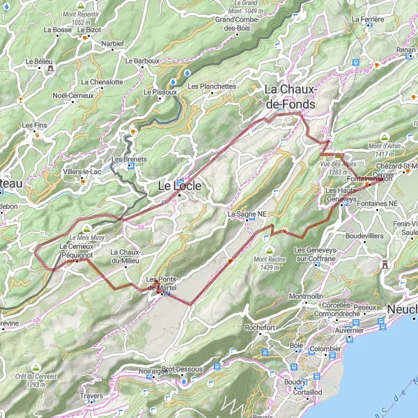 Miniatura mapy "Trasa gravelowa z Cernier do La Chaux-de-Fonds" - trasy rowerowej w Espace Mittelland, Switzerland. Wygenerowane przez planer tras rowerowych Tarmacs.app