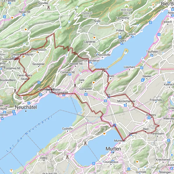 Karten-Miniaturansicht der Radinspiration "Gravel-Tour durch die Seenregion" in Espace Mittelland, Switzerland. Erstellt vom Tarmacs.app-Routenplaner für Radtouren