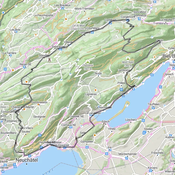 Miniatuurkaart van de fietsinspiratie "Fietstocht vanuit Cernier via Mont Sujet en Neuchâtel" in Espace Mittelland, Switzerland. Gemaakt door de Tarmacs.app fietsrouteplanner