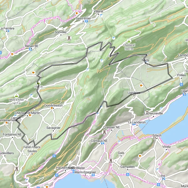 Miniaturekort af cykelinspirationen "Scenisk landevejstur rundt om Cernier" i Espace Mittelland, Switzerland. Genereret af Tarmacs.app cykelruteplanlægger