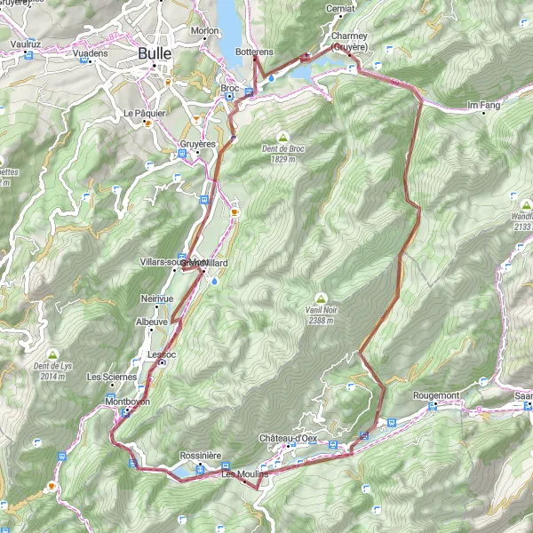 Miniaturekort af cykelinspirationen "Grusvej Cykling omkring Charmey" i Espace Mittelland, Switzerland. Genereret af Tarmacs.app cykelruteplanlægger