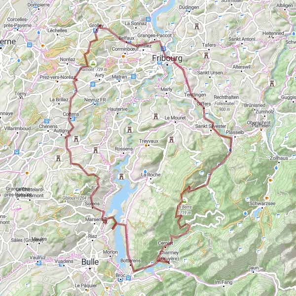 Kartminiatyr av "Gravelväg till Fribourg via Lac de la Gruyère" cykelinspiration i Espace Mittelland, Switzerland. Genererad av Tarmacs.app cykelruttplanerare