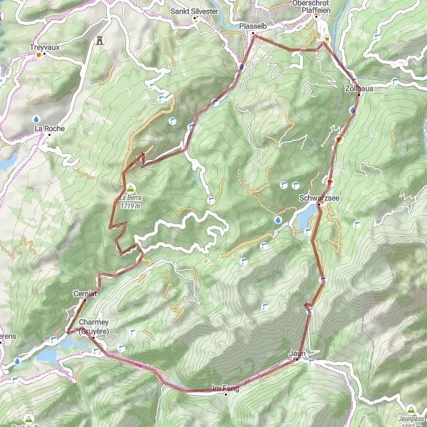 Mapa miniatúra "Pokojný výlet cez prírodu okolo Charmey" cyklistická inšpirácia v Espace Mittelland, Switzerland. Vygenerované cyklistickým plánovačom trás Tarmacs.app