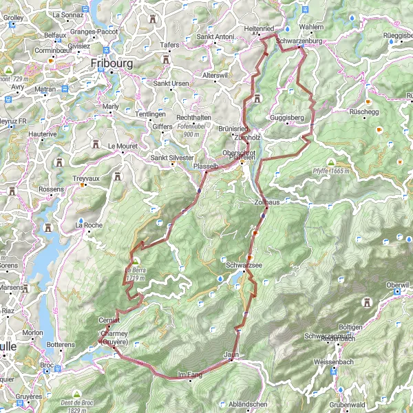 Miniature de la carte de l'inspiration cycliste "Exploration de Crésuz à Schwarzsee" dans la Espace Mittelland, Switzerland. Générée par le planificateur d'itinéraire cycliste Tarmacs.app