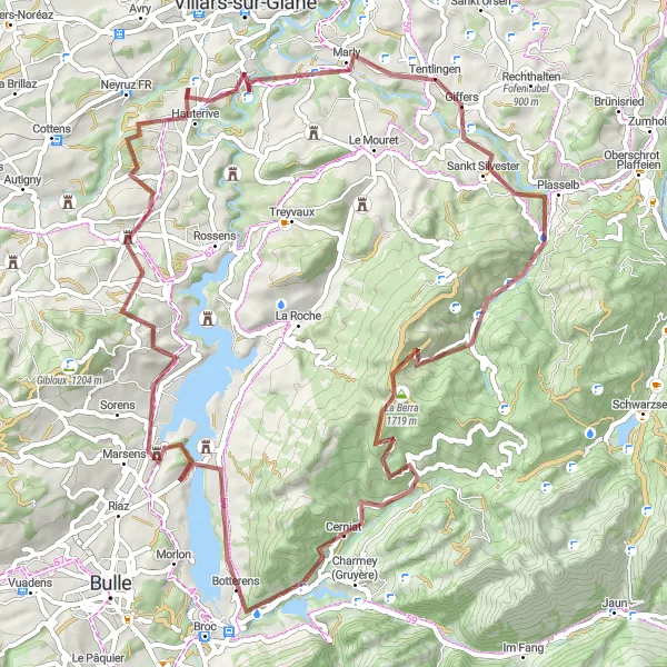 Zemljevid v pomanjšavi "Pustolovščina po makadamskih cestah Gruyèreja" kolesarske inspiracije v Espace Mittelland, Switzerland. Generirano z načrtovalcem kolesarskih poti Tarmacs.app