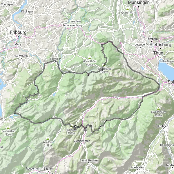 Miniatua del mapa de inspiración ciclista "Desafío de montaña en los Alpes Friburgueses" en Espace Mittelland, Switzerland. Generado por Tarmacs.app planificador de rutas ciclistas