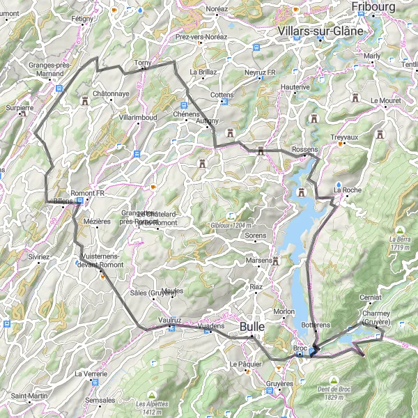 Miniatua del mapa de inspiración ciclista "Ruta de los Alpes Friburgueses" en Espace Mittelland, Switzerland. Generado por Tarmacs.app planificador de rutas ciclistas