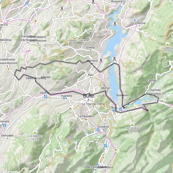 Miniatura della mappa di ispirazione al ciclismo "Avventura in bicicletta attraverso la Gruyère" nella regione di Espace Mittelland, Switzerland. Generata da Tarmacs.app, pianificatore di rotte ciclistiche