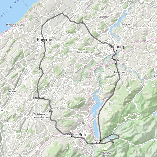 Karttaminiaatyyri "Historiallinen kiertue Bullesta Lac de la Gruyèreen" pyöräilyinspiraatiosta alueella Espace Mittelland, Switzerland. Luotu Tarmacs.app pyöräilyreittisuunnittelijalla