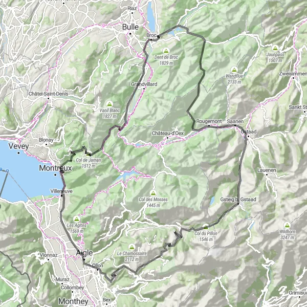 Miniatua del mapa de inspiración ciclista "Ruta del Col du Pillon y Villars-sur-Ollon" en Espace Mittelland, Switzerland. Generado por Tarmacs.app planificador de rutas ciclistas