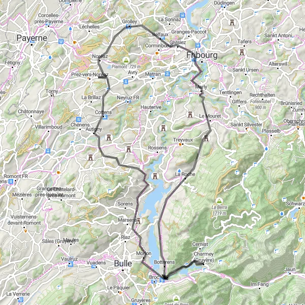 Miniaturní mapa "Okružní cyklistická trasa z Charmey" inspirace pro cyklisty v oblasti Espace Mittelland, Switzerland. Vytvořeno pomocí plánovače tras Tarmacs.app