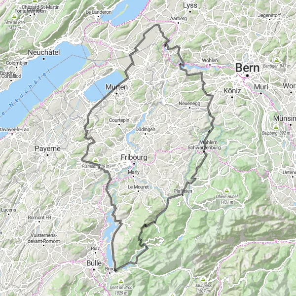 Zemljevid v pomanjšavi "Okrožna pot okoli jezera Gruyère" kolesarske inspiracije v Espace Mittelland, Switzerland. Generirano z načrtovalcem kolesarskih poti Tarmacs.app