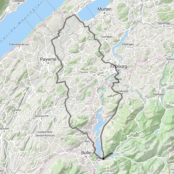 Map miniature of "The Road to Marly" cycling inspiration in Espace Mittelland, Switzerland. Generated by Tarmacs.app cycling route planner