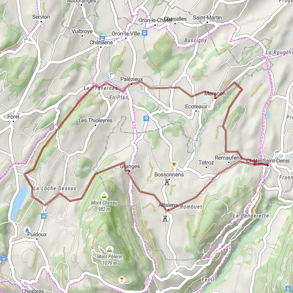 Miniatura della mappa di ispirazione al ciclismo "Giro in Gravel intorno a Châtel-Saint-Denis" nella regione di Espace Mittelland, Switzerland. Generata da Tarmacs.app, pianificatore di rotte ciclistiche