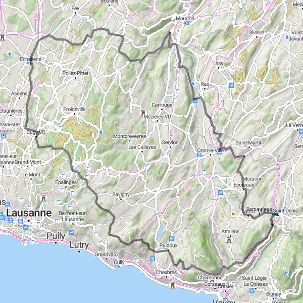 Karten-Miniaturansicht der Radinspiration "Eine 85 km lange Straßenroute durch malerische Schweizer Dörfer" in Espace Mittelland, Switzerland. Erstellt vom Tarmacs.app-Routenplaner für Radtouren