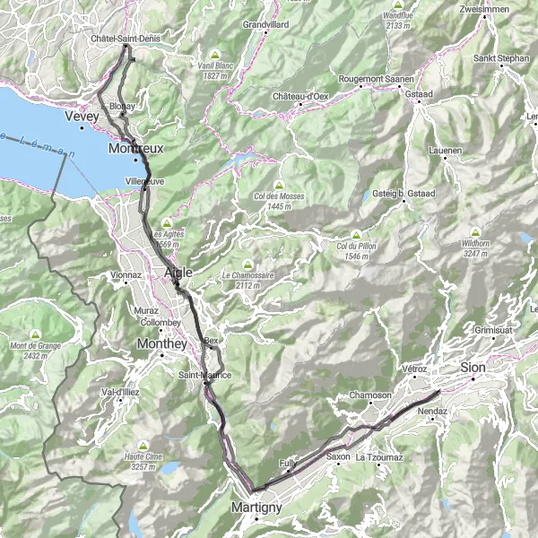 Map miniature of "Territet and Bex Loop" cycling inspiration in Espace Mittelland, Switzerland. Generated by Tarmacs.app cycling route planner