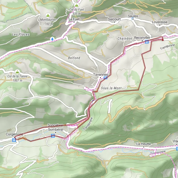 Miniature de la carte de l'inspiration cycliste "Route de Gravel à Sonceboz-Sombeval" dans la Espace Mittelland, Switzerland. Générée par le planificateur d'itinéraire cycliste Tarmacs.app
