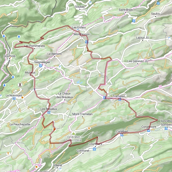 Kartminiatyr av "Courtelary till Corgémont via Les Enfers" cykelinspiration i Espace Mittelland, Switzerland. Genererad av Tarmacs.app cykelruttplanerare