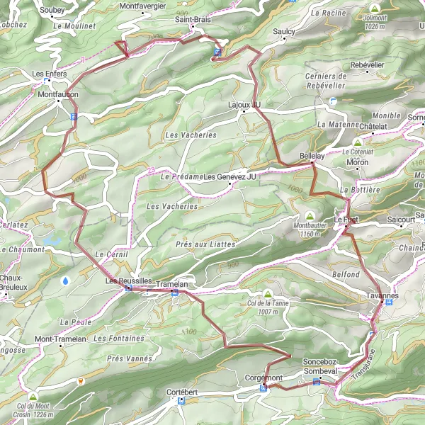 Miniatua del mapa de inspiración ciclista "Ruta de ciclismo de gravilla desde Corgémont hasta Sonceboz-Sombeval" en Espace Mittelland, Switzerland. Generado por Tarmacs.app planificador de rutas ciclistas