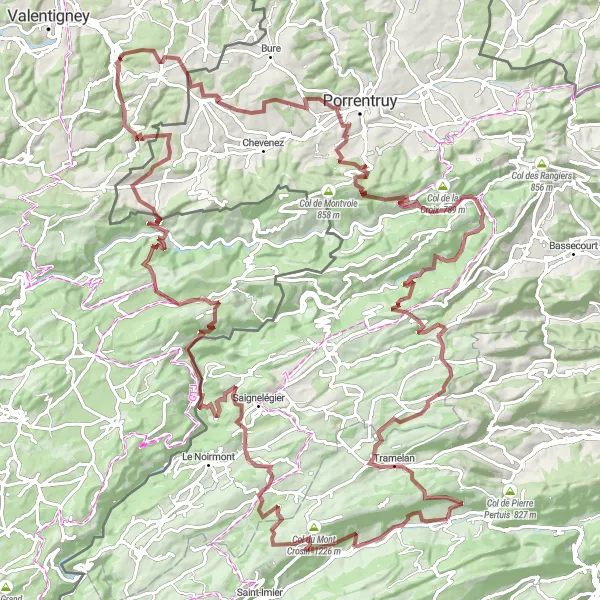 Zemljevid v pomanjšavi "Velika kolesarska dogodivščina skozi Juro" kolesarske inspiracije v Espace Mittelland, Switzerland. Generirano z načrtovalcem kolesarskih poti Tarmacs.app