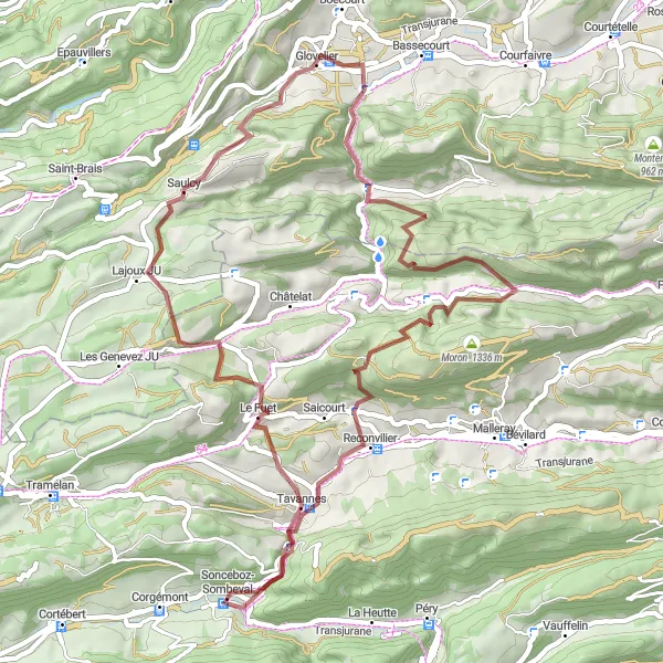 Map miniature of "Jurassic Gravel Adventure" cycling inspiration in Espace Mittelland, Switzerland. Generated by Tarmacs.app cycling route planner
