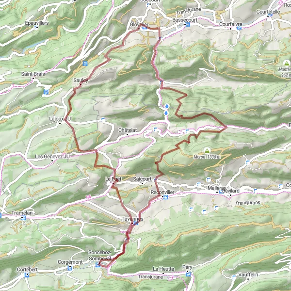 Miniature de la carte de l'inspiration cycliste "Boucle autour du Jura" dans la Espace Mittelland, Switzerland. Générée par le planificateur d'itinéraire cycliste Tarmacs.app