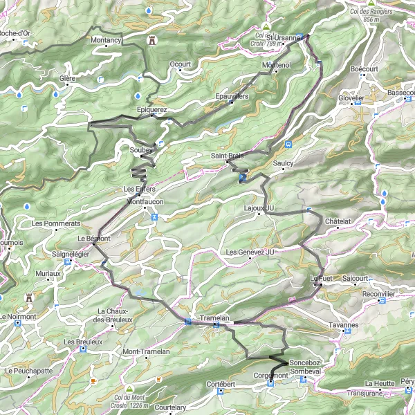 Kartminiatyr av "Jura & Hobbs - En 90 km cykeltur från Corgémont" cykelinspiration i Espace Mittelland, Switzerland. Genererad av Tarmacs.app cykelruttplanerare