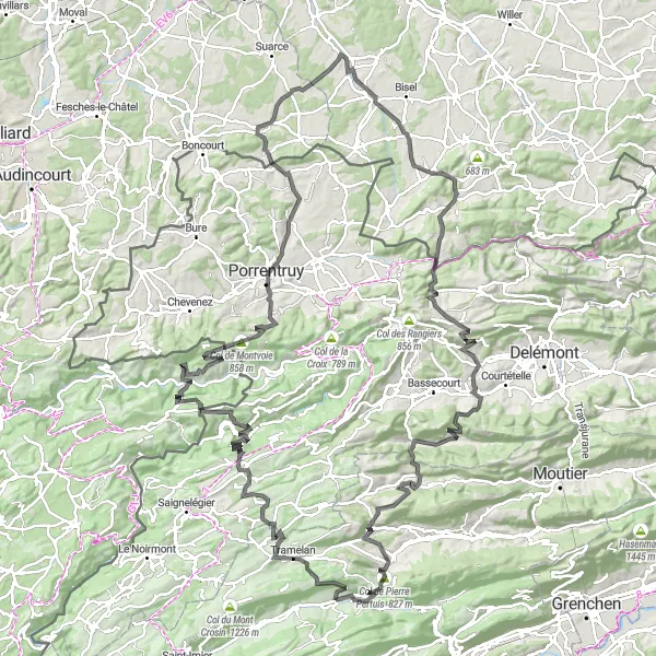 Miniatuurkaart van de fietsinspiratie "Corgémont naar Col de Pierre Pertuis" in Espace Mittelland, Switzerland. Gemaakt door de Tarmacs.app fietsrouteplanner
