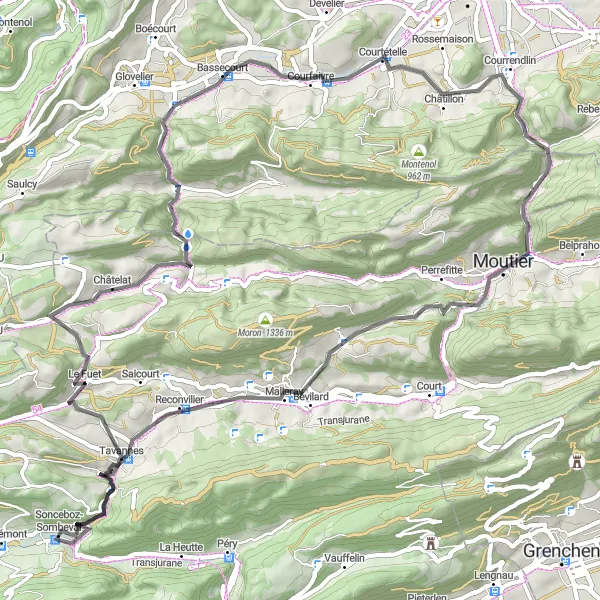 Zemljevid v pomanjšavi "Krožna cestna pot skozi Juro" kolesarske inspiracije v Espace Mittelland, Switzerland. Generirano z načrtovalcem kolesarskih poti Tarmacs.app